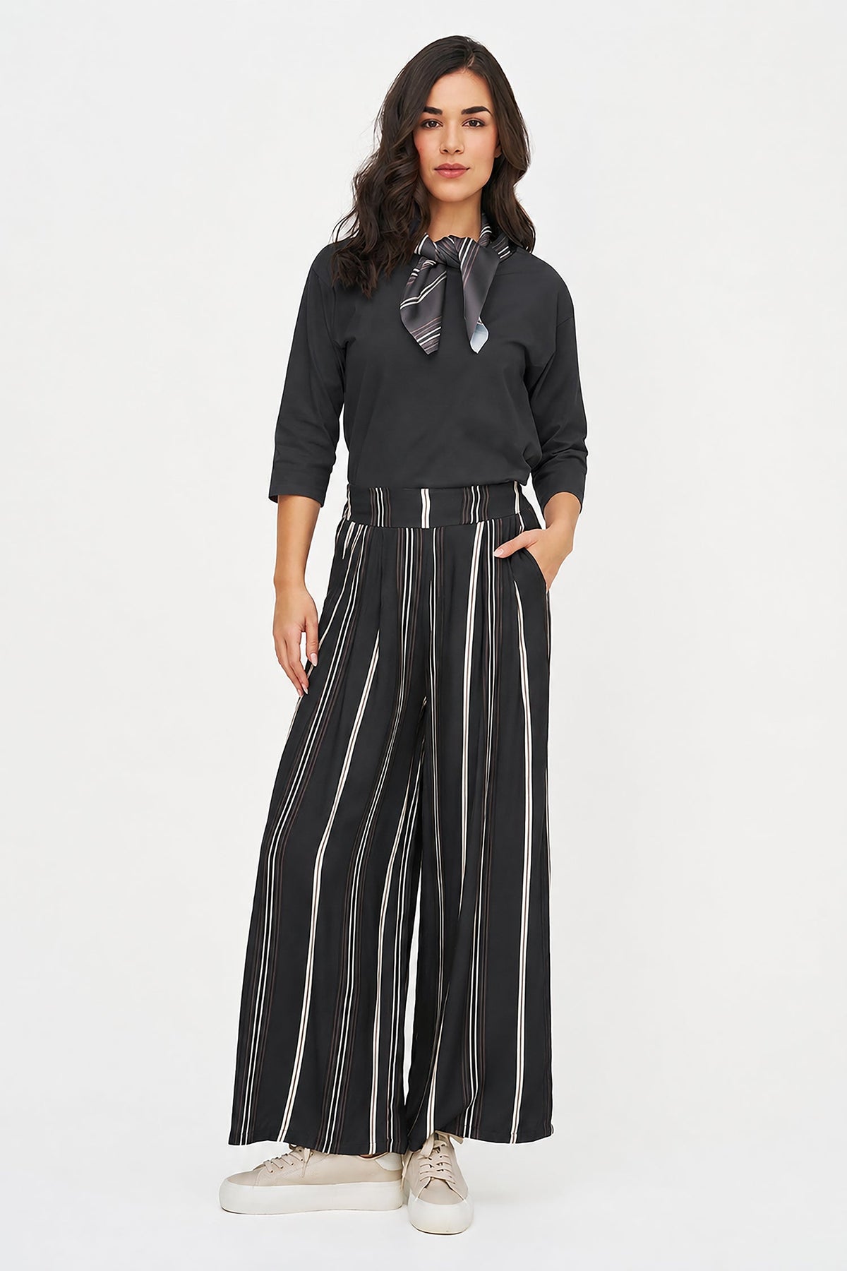 Women's Crew-Neck Top, 3/4 Sleeves & Removable Printed Satin Scarf