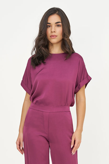 Women's Woven Crew-Neck Top, Short Cuffed Sleeves & Back Button