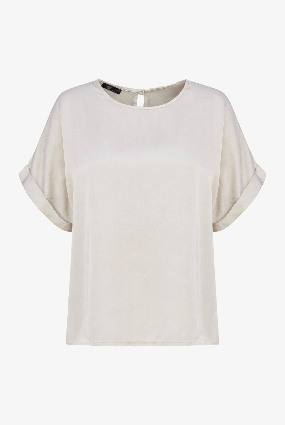 Women's Woven Crew-Neck Top, Short Cuffed Sleeves & Back Button