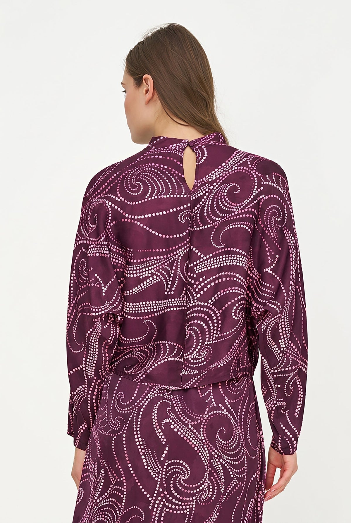 Women's Printed Woven Mock-Neck Caftan Top with Long Sleeves