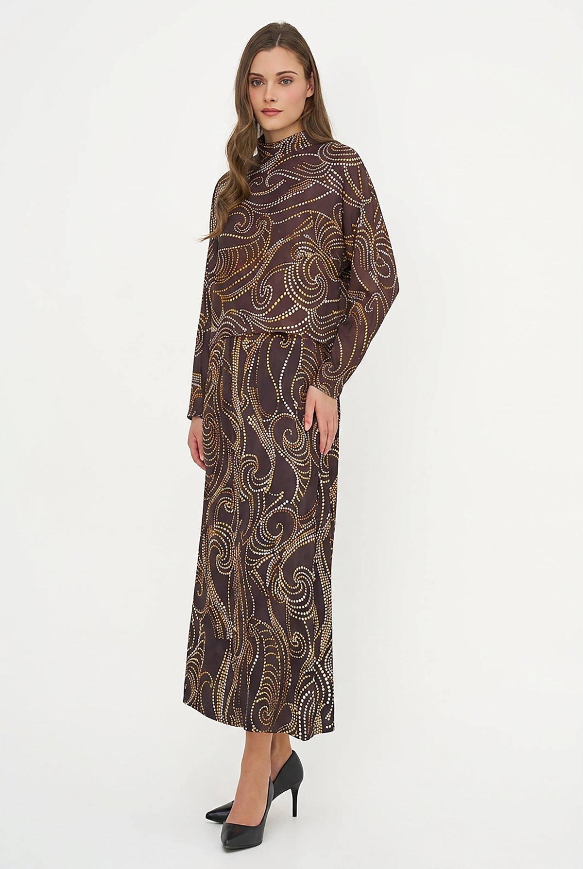 Women's Printed Woven Mock-Neck Caftan Top with Long Sleeves