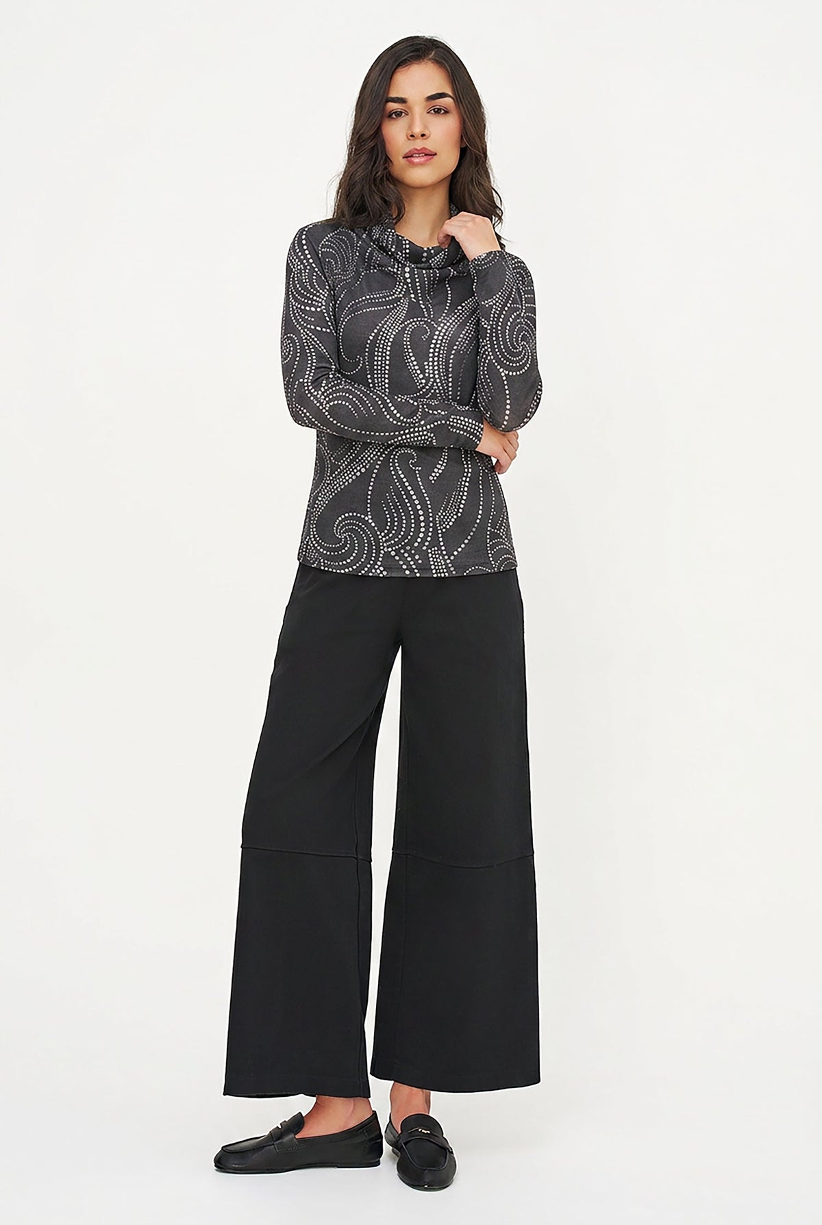 Women's Printed Knit Cowl-Neck Top with Long Sleeves
