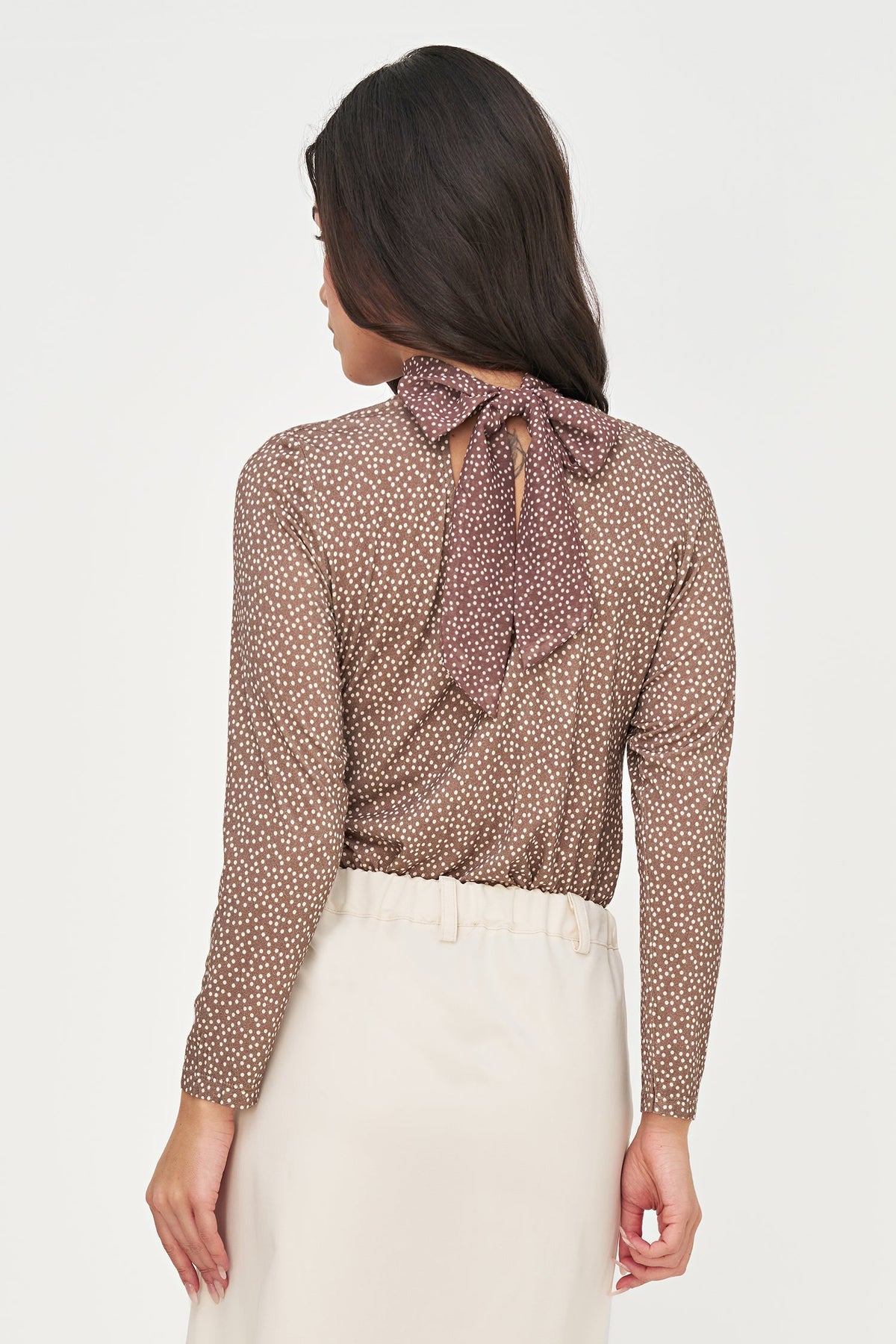 Women's Soft Printed Knit Top, Long Sleeves & Tie-Back Scarf Collar