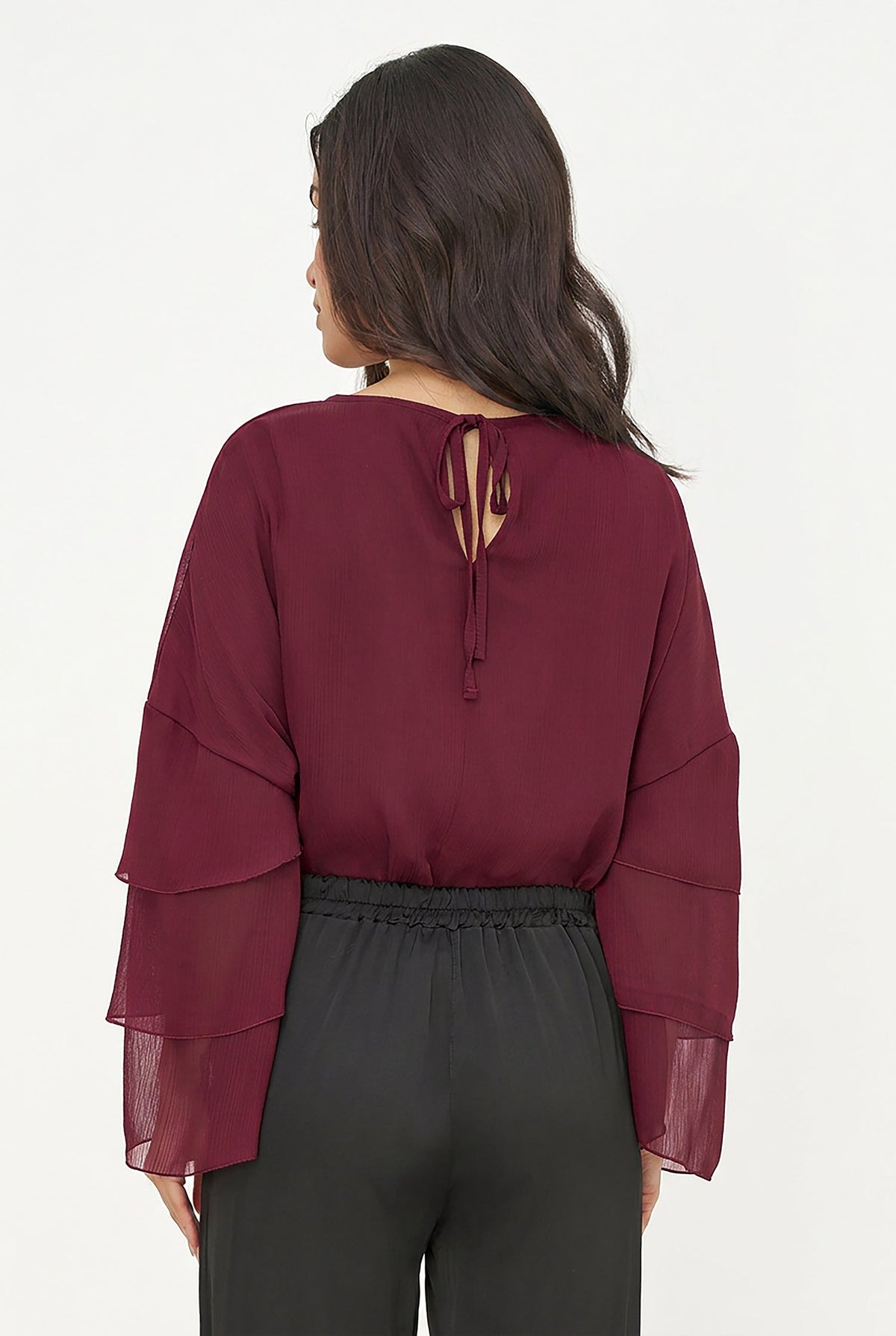 Women's Woven Crew-Neck Top with Long Layered Bell Sleeves