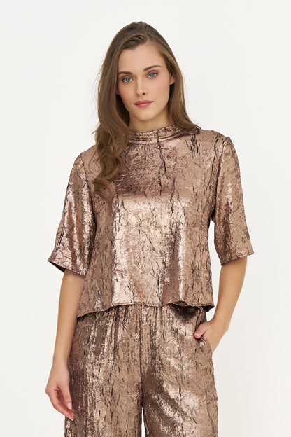Women's Woven Mock-Neck Top with Elbow-Length Sleeves