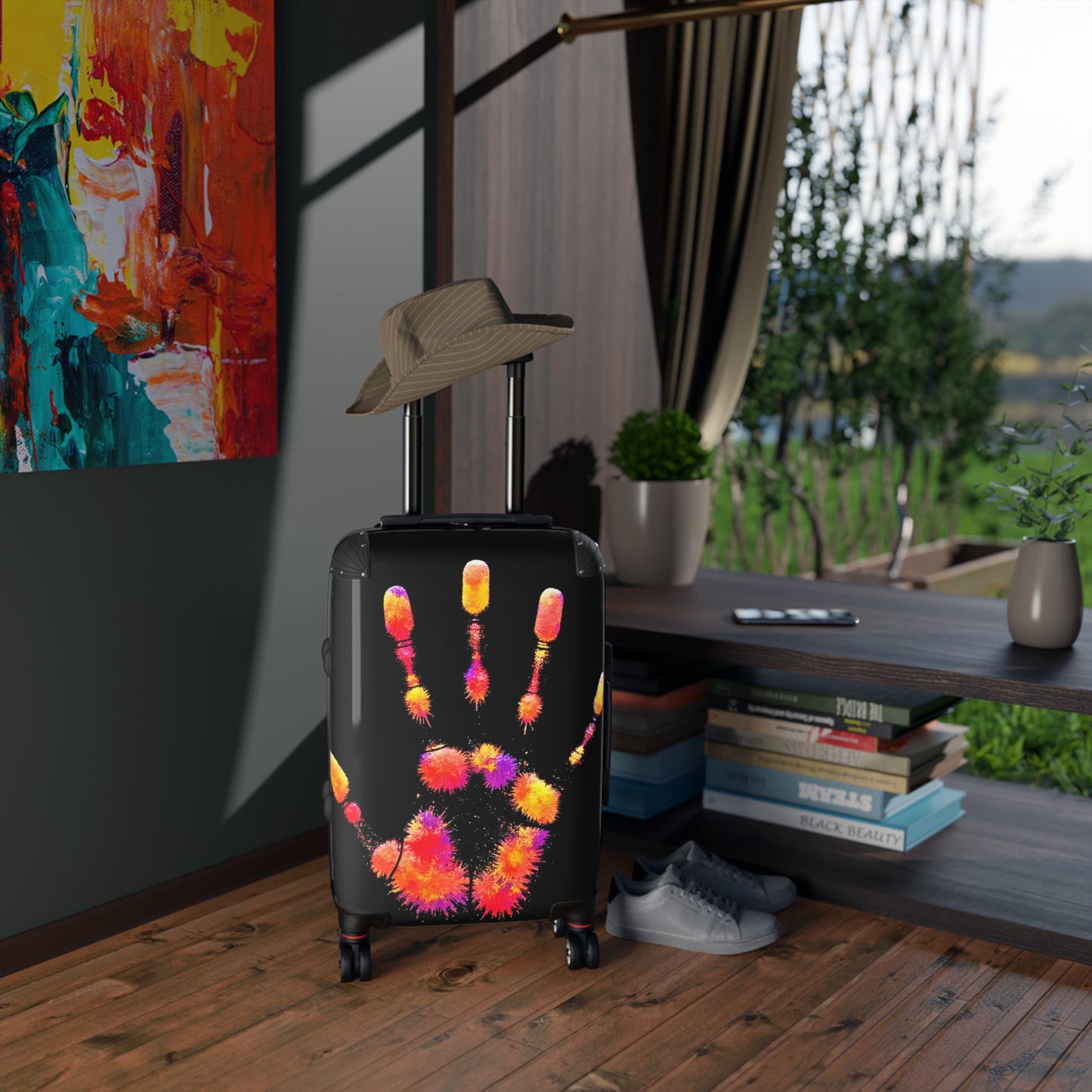 Colorful Handprint Suitcase — Neon Palm Print Carry-On Luggage