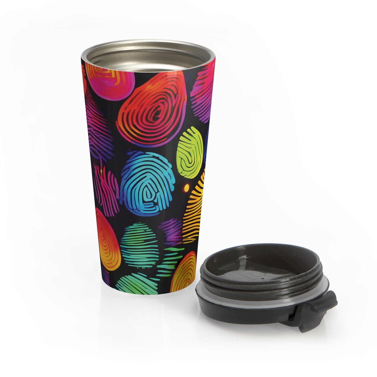 Rainbow Fingerprint Pattern Travel Mug | Colorful Swirl Stainless Steel - AURABAGS SHOP