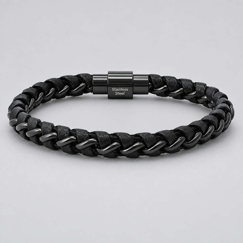 Men's Black Steel Magnetic Bracelet. Braided Leather Chain Link Biker Jewelry