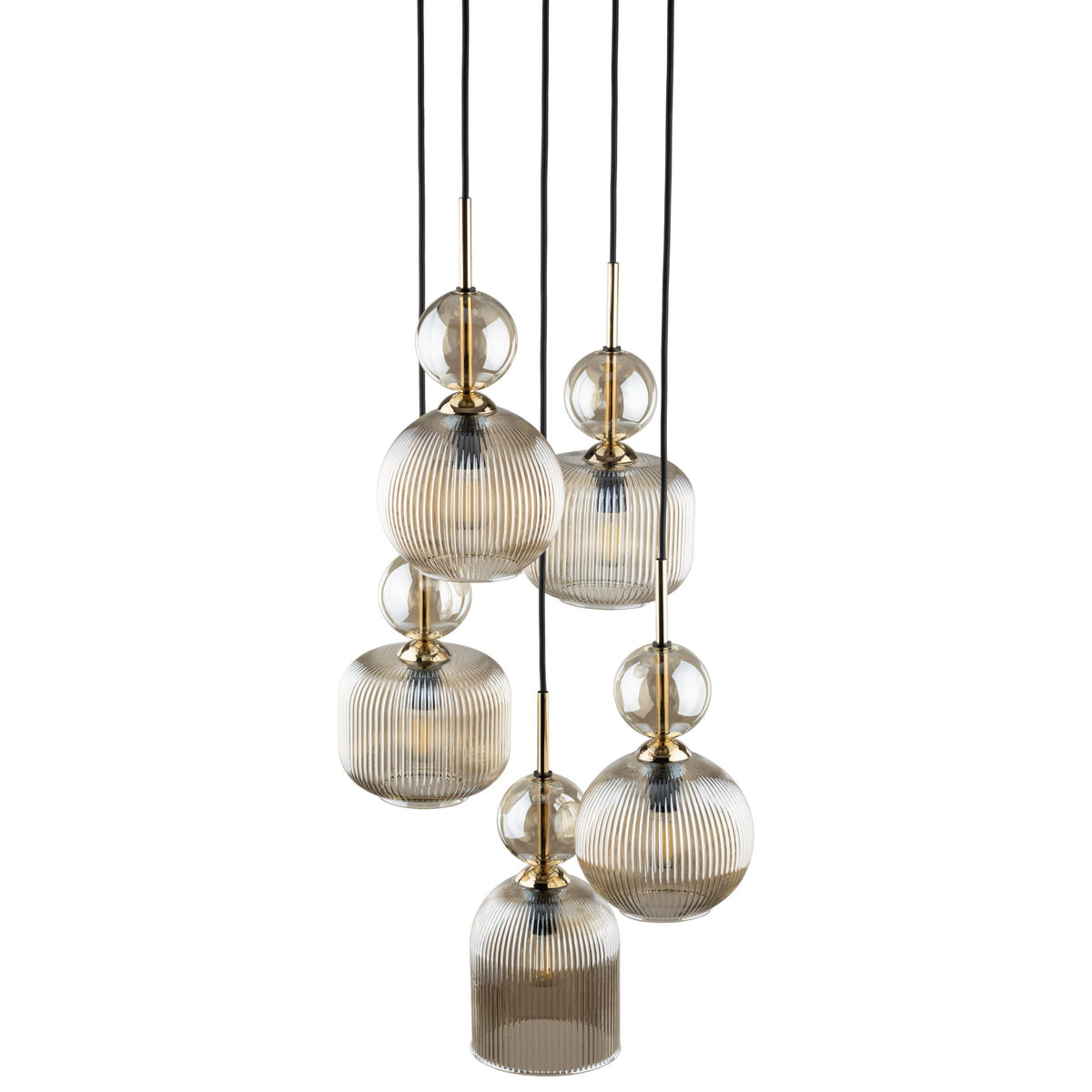 SOPHIA Cognac Ribbed Glass 5-Light Cluster Pendant for Dining, Living Room & Hallway