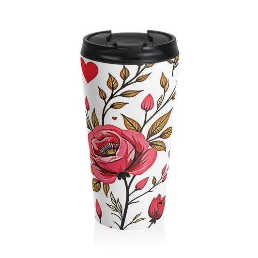Red Rose Floral Pattern Travel Mug | Stainless Steel Tumbler - AURABAGS SHOP