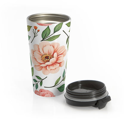Peach Floral Pattern Stainless Steel Travel Mug | Botanical Leaves - AURABAGS SHOP