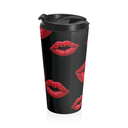Red Lipstick Kiss Pattern Travel Mug | Black Stainless Steel - AURABAGS SHOP