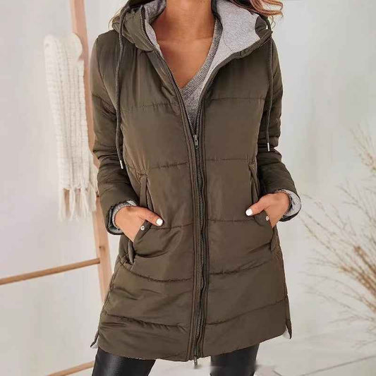 Women’s Hooded Long Cotton Coat with Pockets – Solid Color Casual Winter Jacket