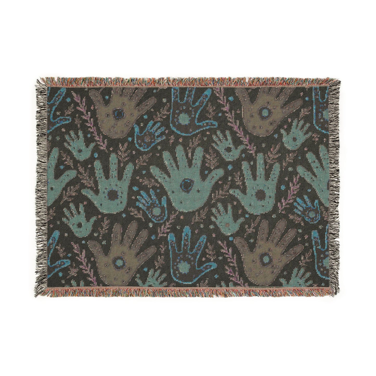 Handprint Pattern Woven Blanket — Boho Tribal Throw for Living Room, Nursery, or Gift