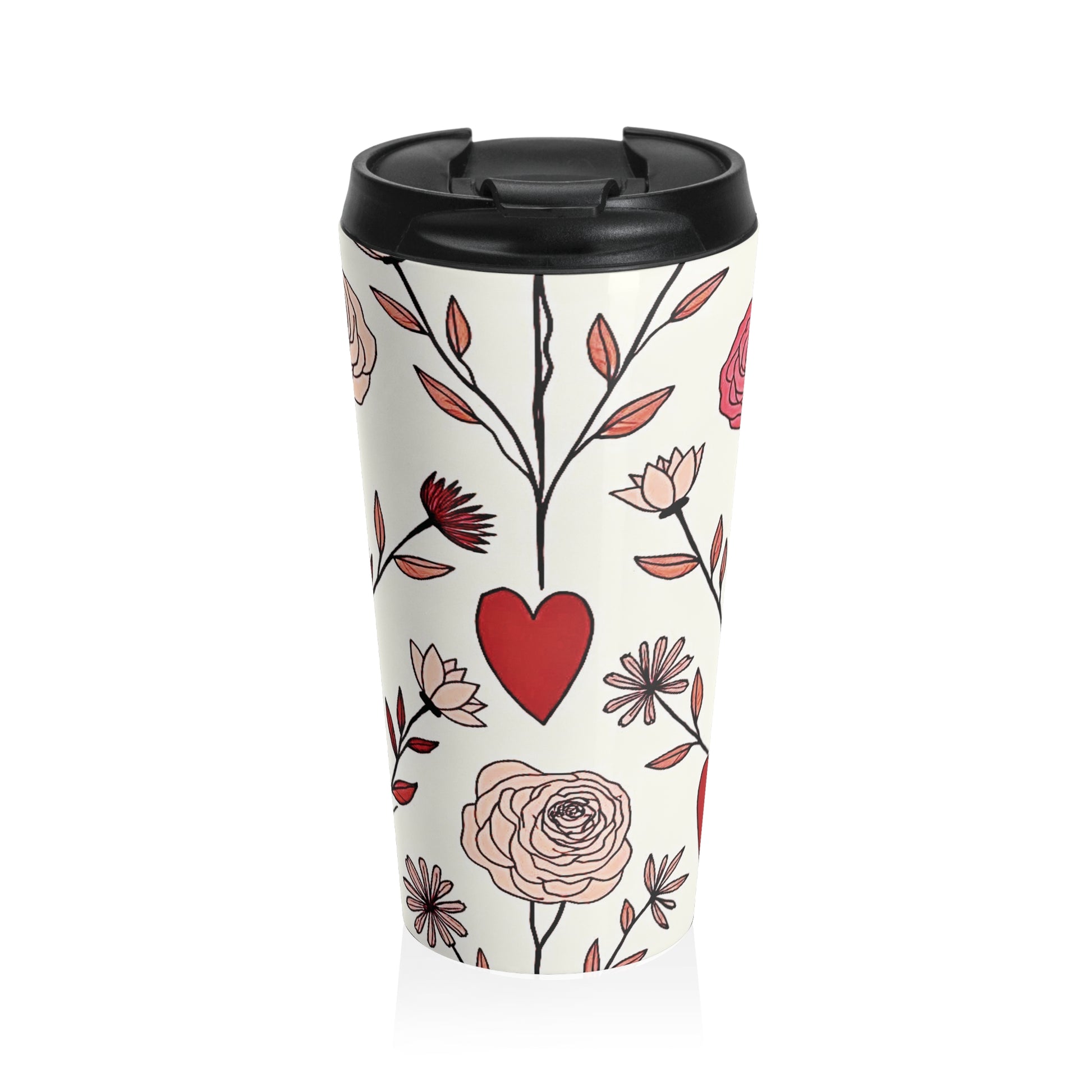 Hand-Drawn Red Heart Floral Stainless Steel Travel Mug | Valentine Pattern - AURABAGS SHOP