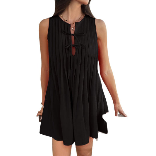 Women’s Solid Color Lace-Up Pleated Mini Dress – Sleeveless Casual Summer Party Dress