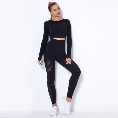 Women’s Seamless Knitted Long-Sleeve Yoga Set – Absorbent Workout Activewear
