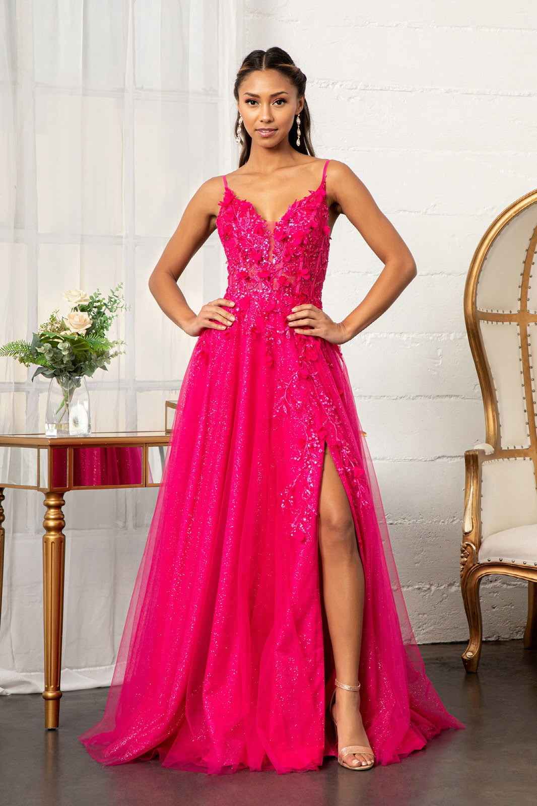 3-D Flower Applique Glitter Mesh A-line Dress