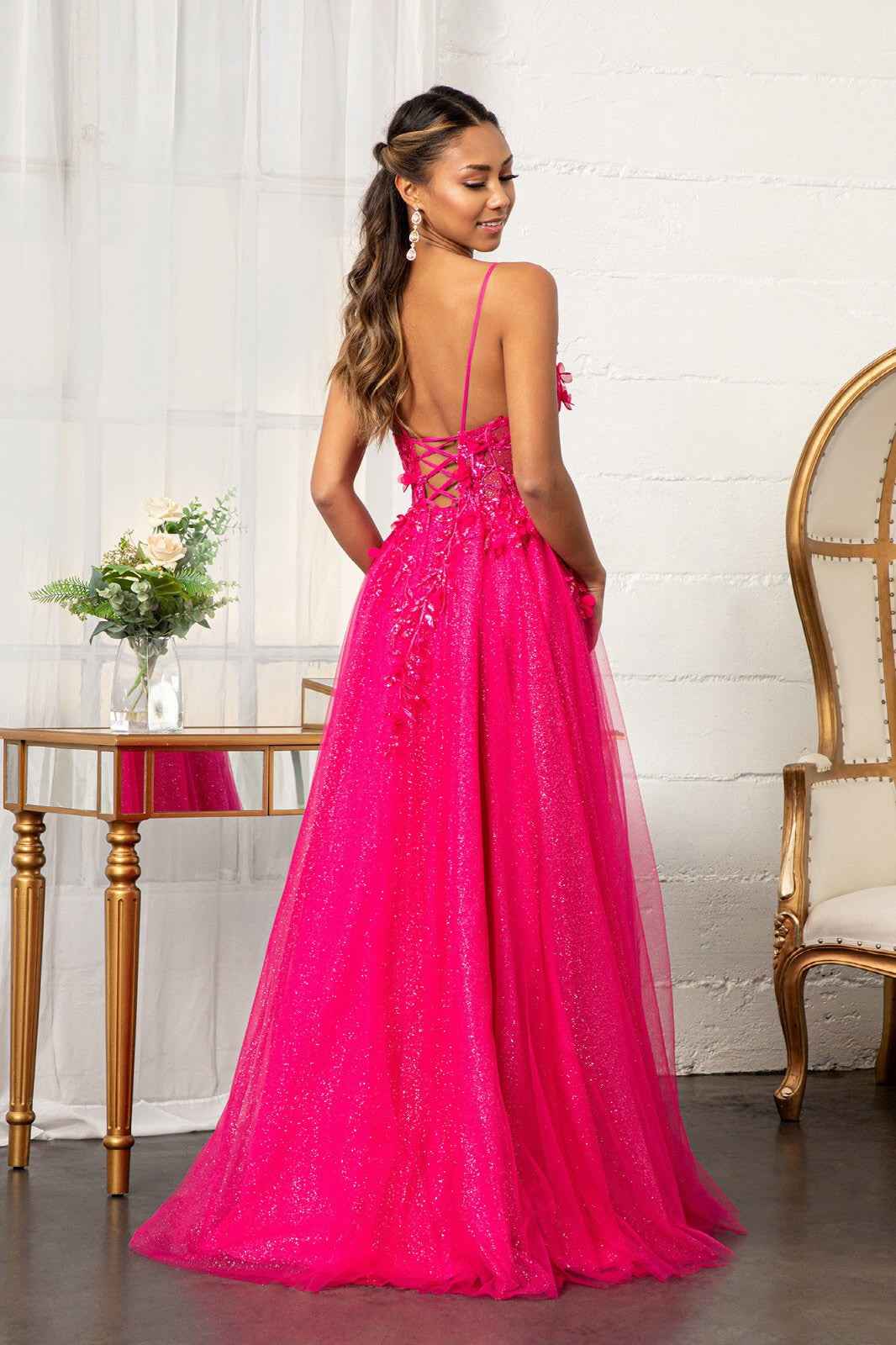 3-D Flower Applique Glitter Mesh A-line Dress