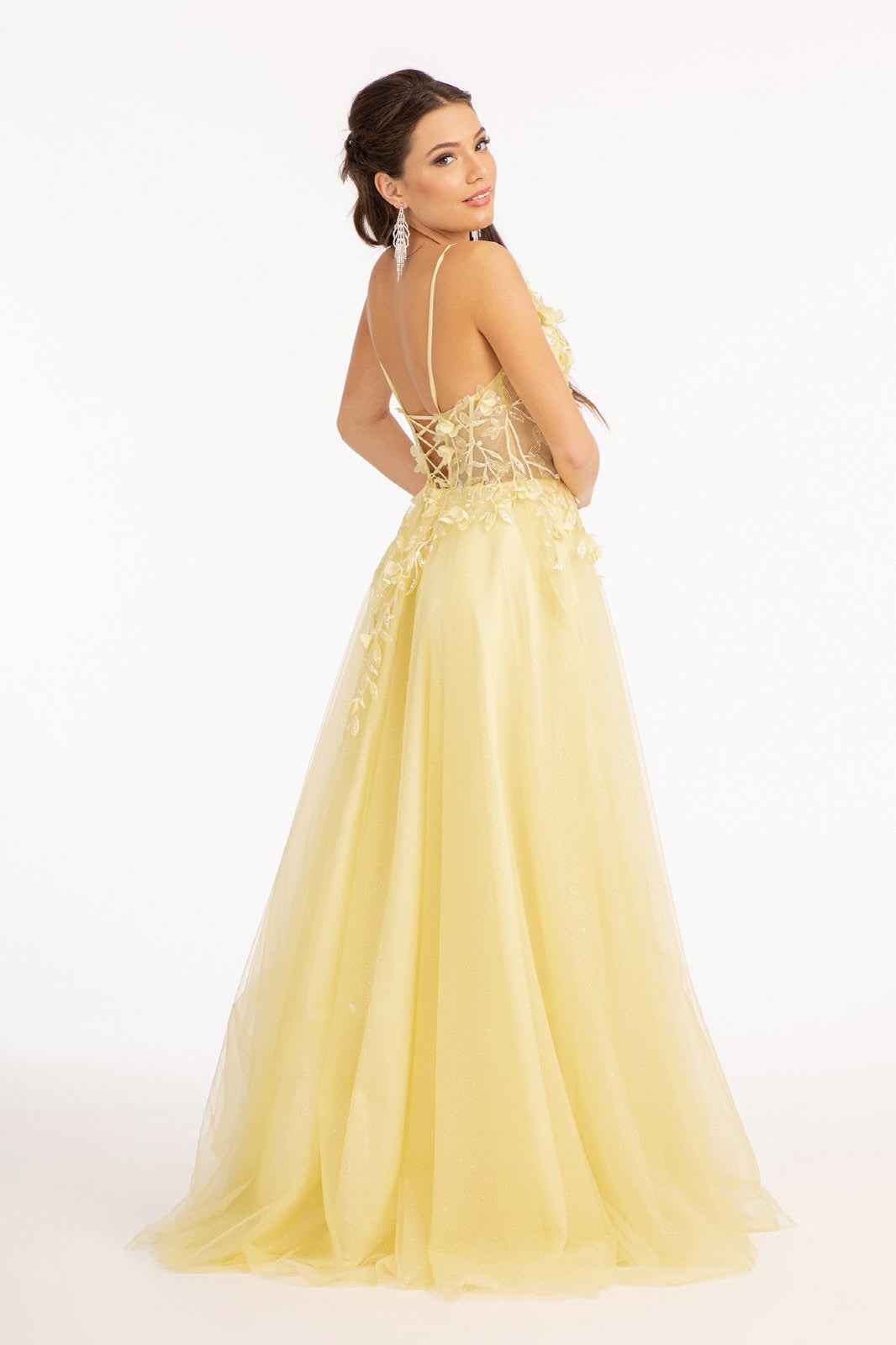 3-D Flower Applique Glitter Mesh A-line Dress w/ Embroidery