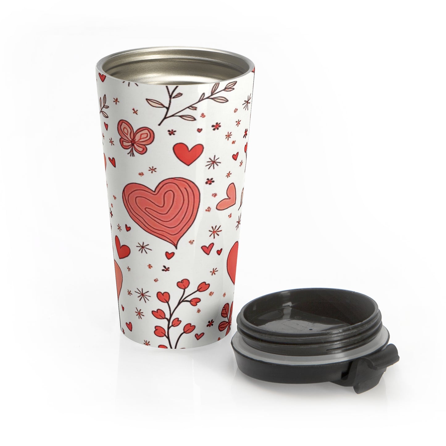 Hand-Drawn Hearts Travel Mug | Valentine Butterfly Floral Stainless Steel - AURABAGS SHOP