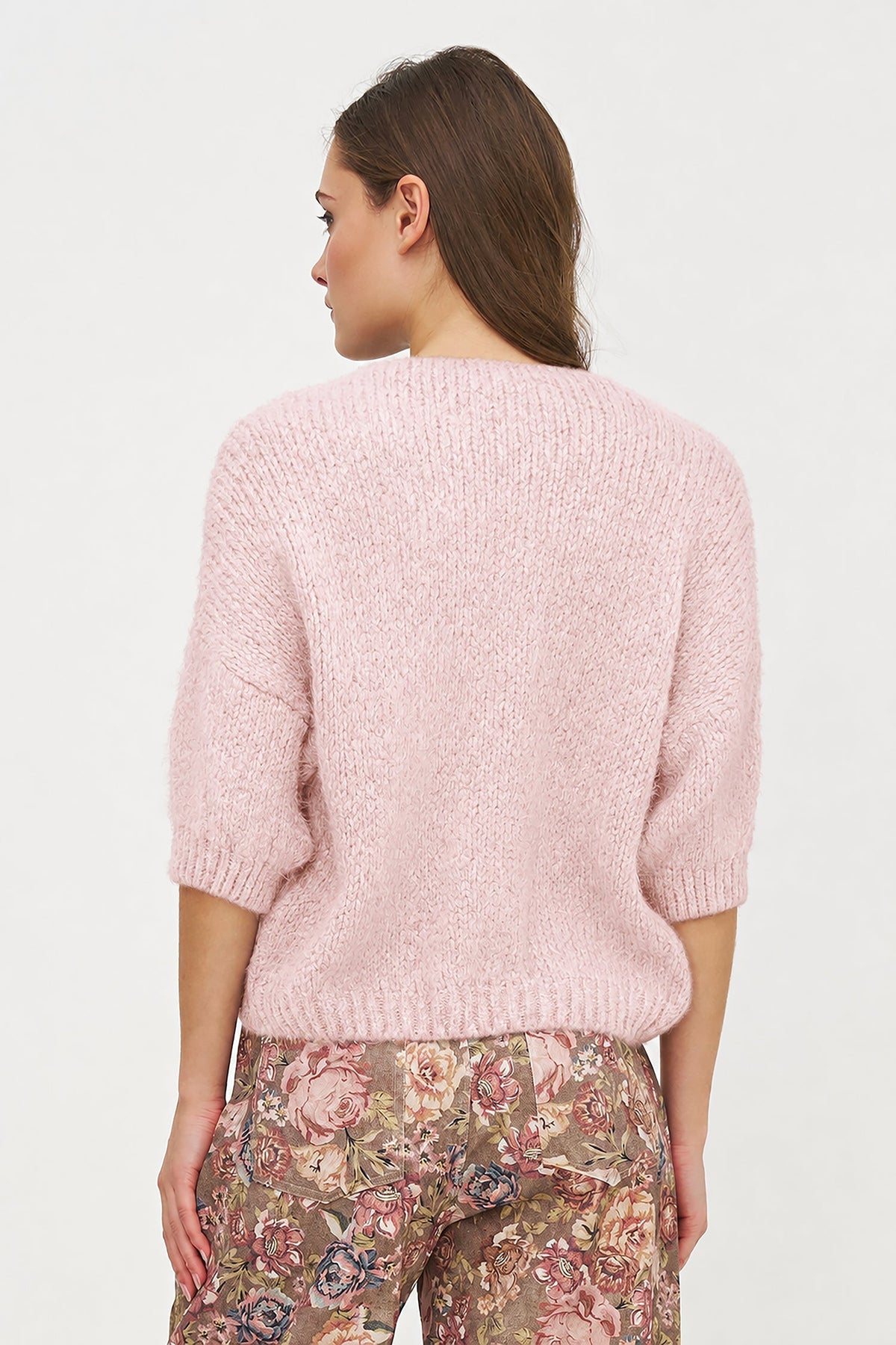 Women's Knit Crew-Neck Cardigan, Elbow-Length Sleeves & Cord Front Tie