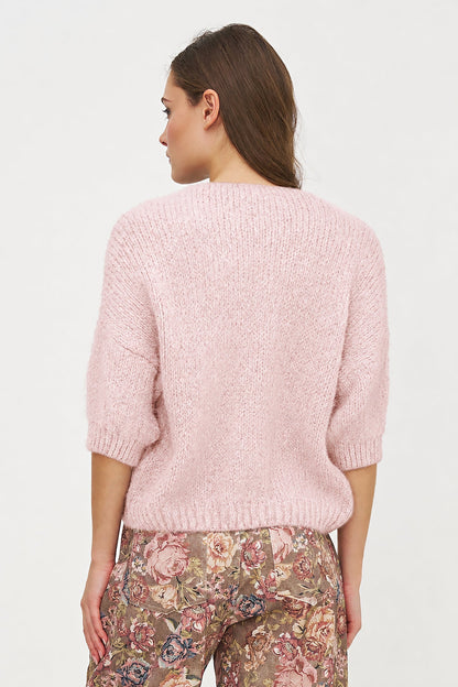 Women's Knit Crew-Neck Cardigan, Elbow-Length Sleeves & Cord Front Tie