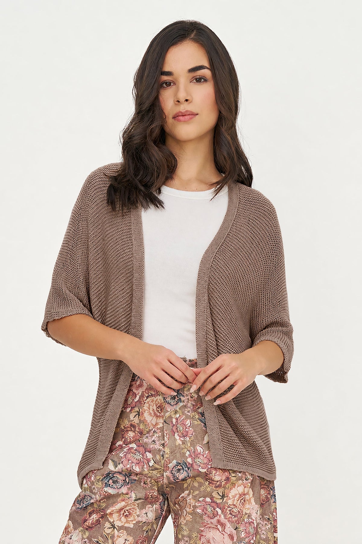 Women's Knit Open Cardigan with Elbow-Length Sleeves