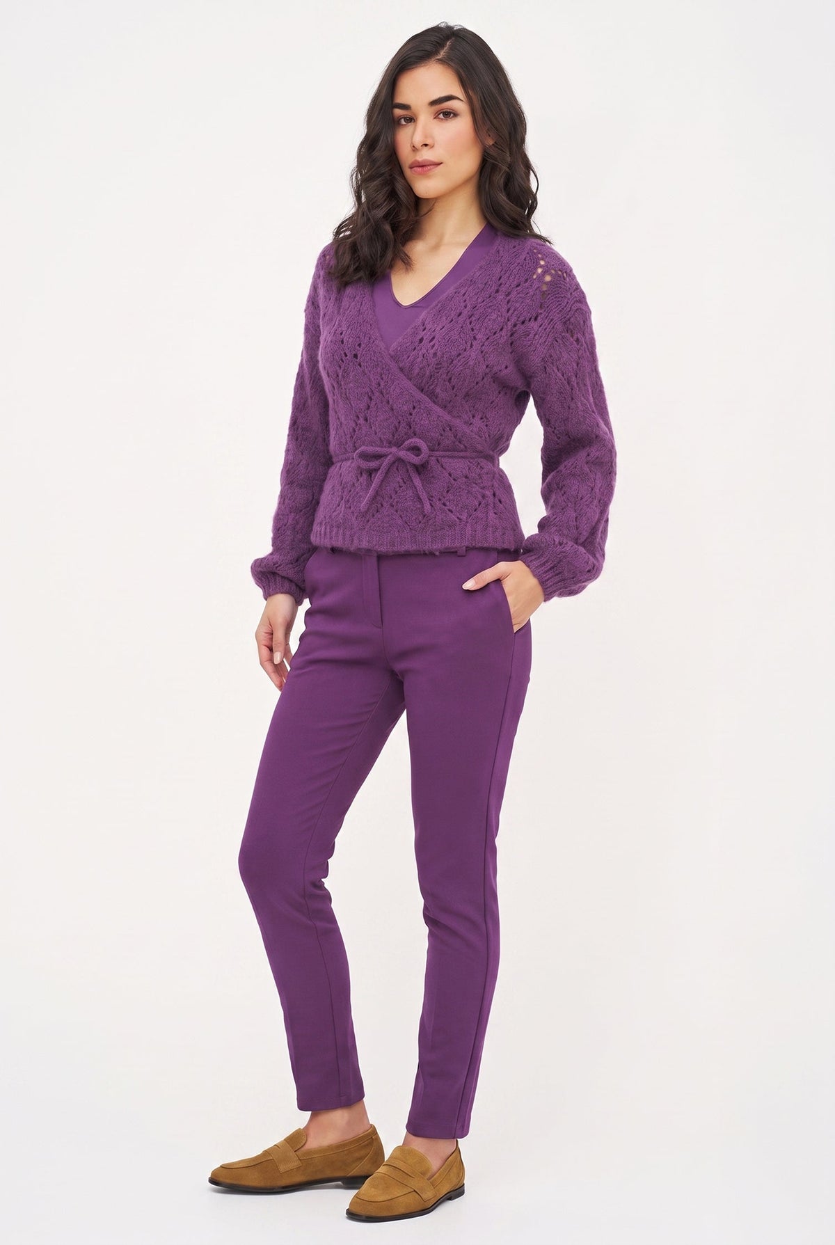 Women's Open-Crochet Knit Wrapped Cardigan, with Long Sleeves & a Thick-Corded Self-Tie Detailing At The Waist