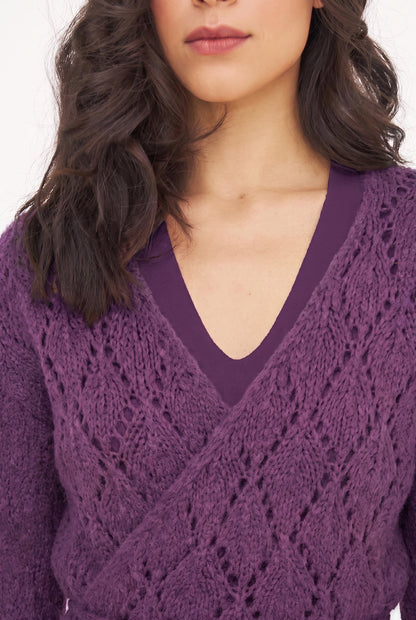 Women's Open-Crochet Knit Wrapped Cardigan, with Long Sleeves & a Thick-Corded Self-Tie Detailing At The Waist