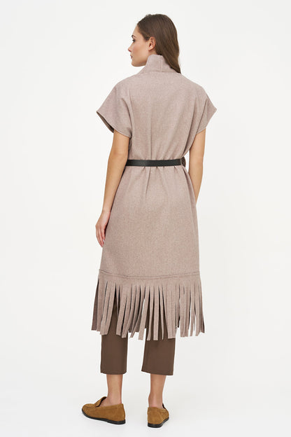 Women's Brushed Woven Open Cardigan with Fringe Hem & Removable Belt