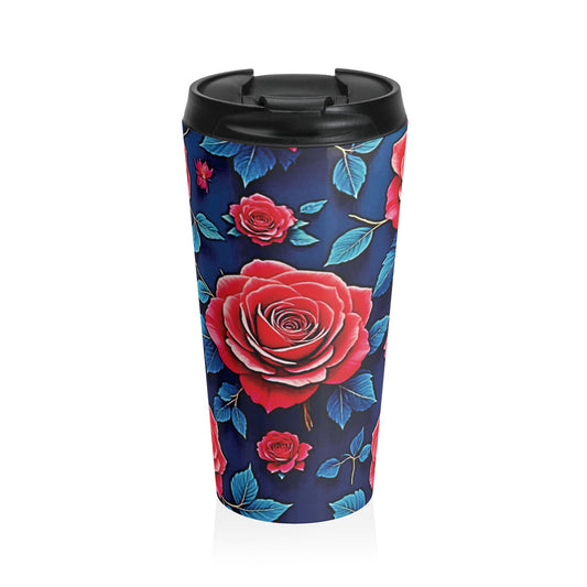 Red Rose Floral Pattern Stainless Steel Travel Mug - AURABAGS SHOP