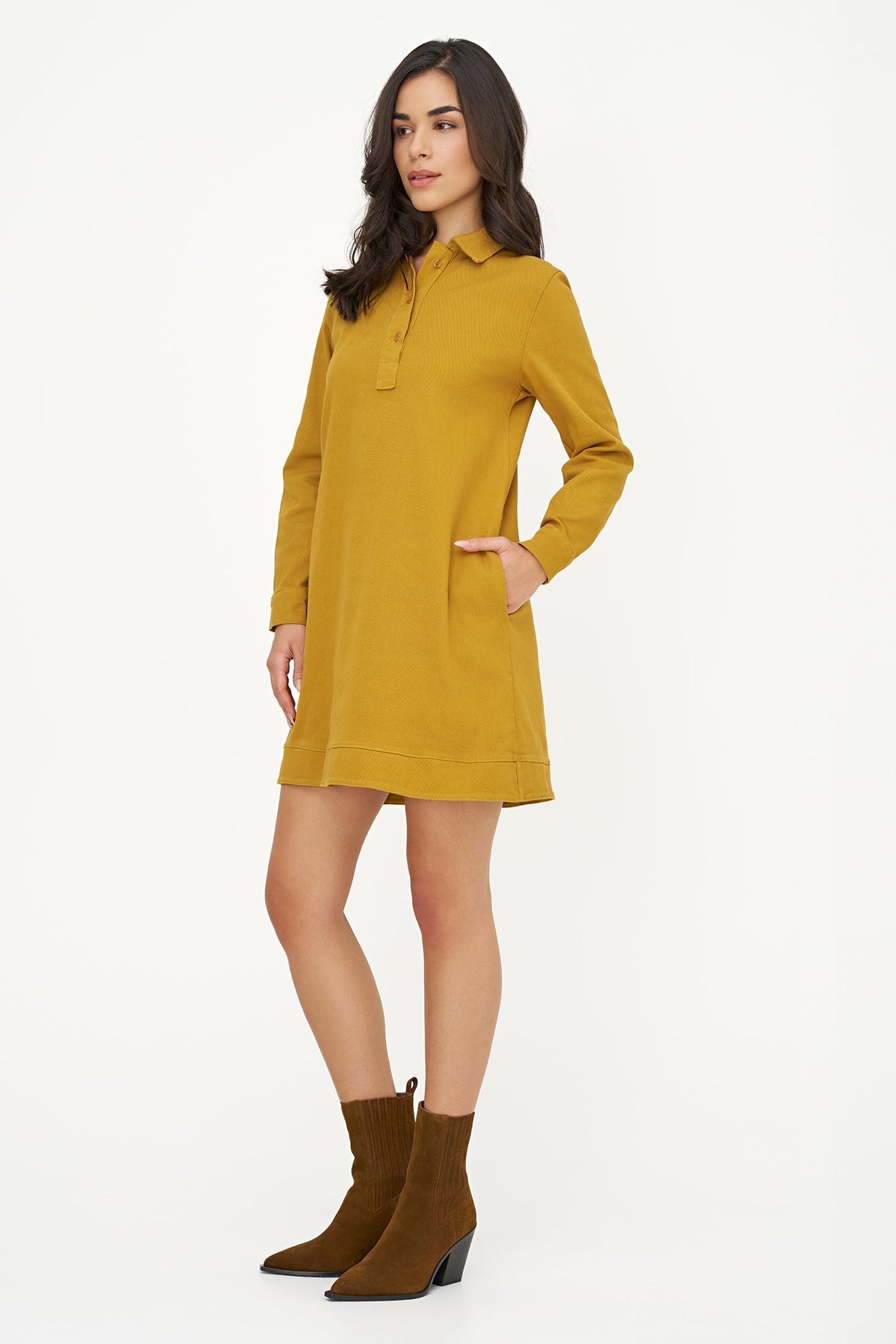 Women's A-Line Dress, Long Sleeves, Partial Button Placket & Pockets