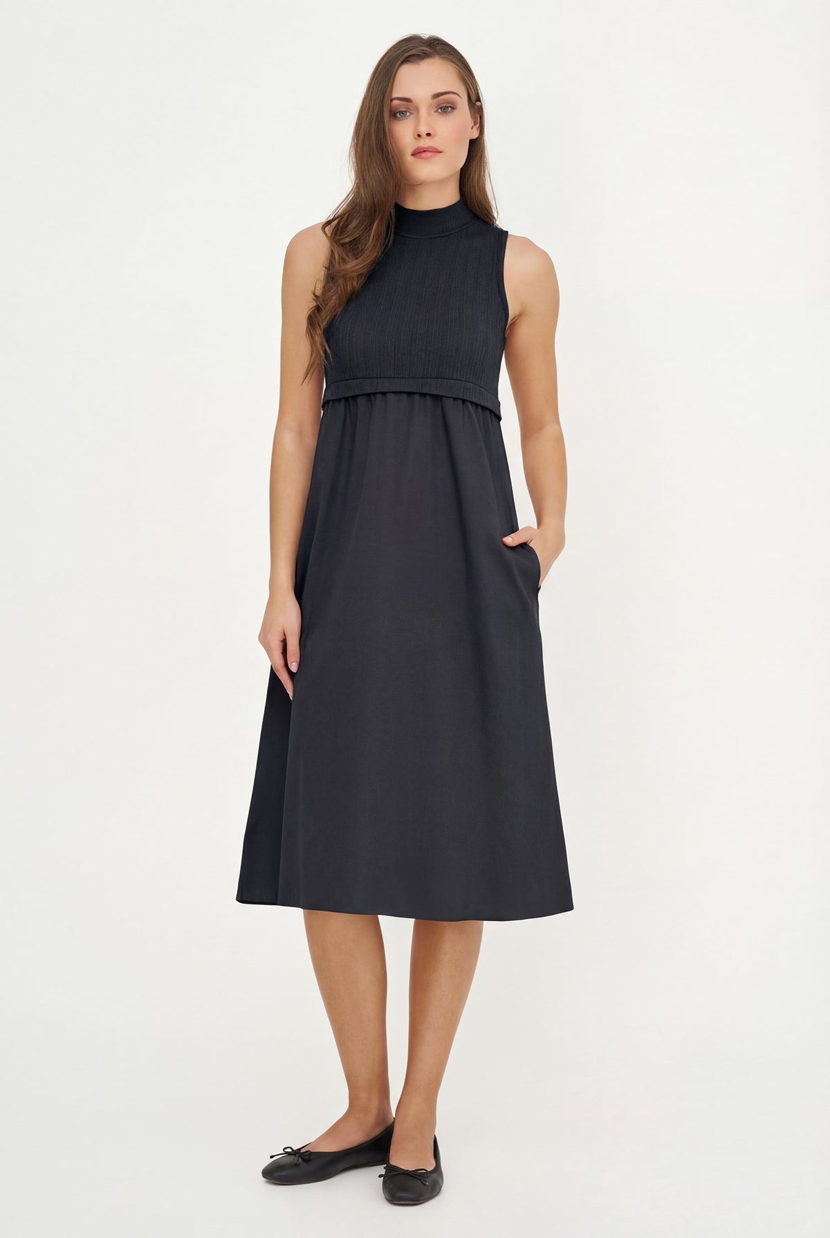 Women's Sleeveless Mock-Neck Dress In a Knit & Woven Combo, Featuring a Knit Top & Woven Bottom
