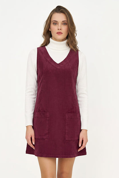 Women's Corduroy Sleeveless V-Neck Dress with Patch Pockets