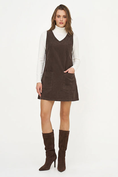 Women's Corduroy Sleeveless V-Neck Dress with Patch Pockets