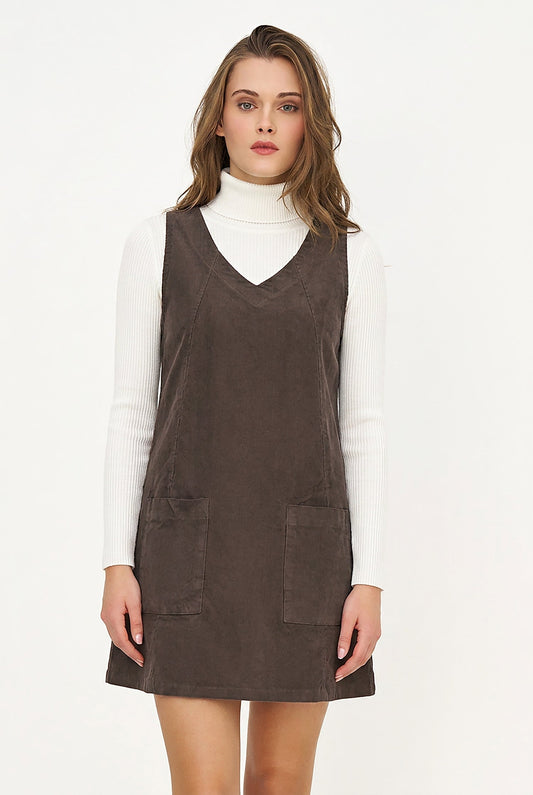 Women's Corduroy Sleeveless V-Neck Dress with Patch Pockets