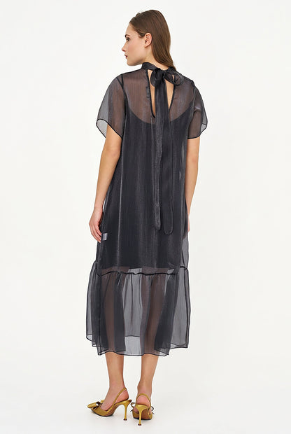 Women's Short-Sleeve Turtleneck Dress, Tie-Back Bow & Ruffle Hem