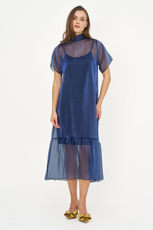 Women's Short-Sleeve Turtleneck Dress, Tie-Back Bow & Ruffle Hem