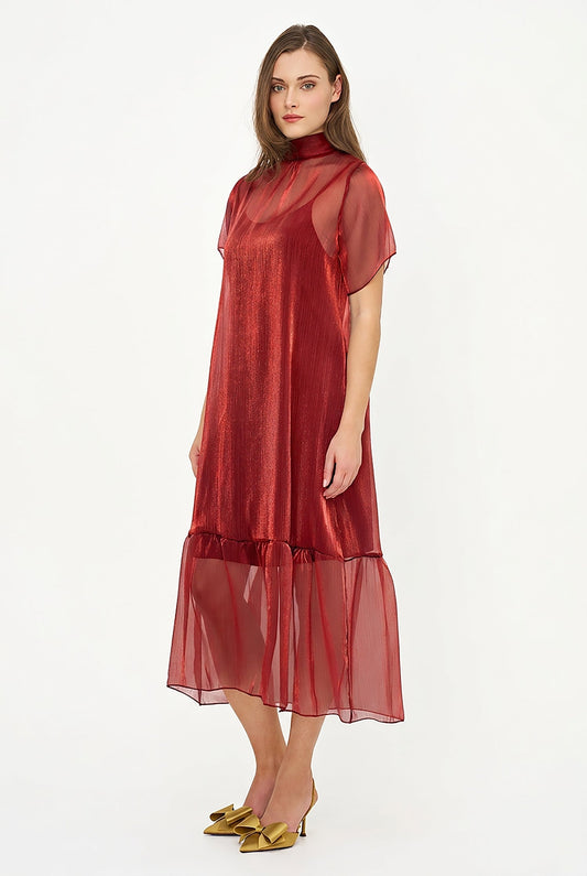 Women's Short-Sleeve Turtleneck Dress, Tie-Back Bow & Ruffle Hem