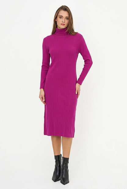 Women's Rib-Knit Turtleneck Dress, Long Sleeves & Back Slit