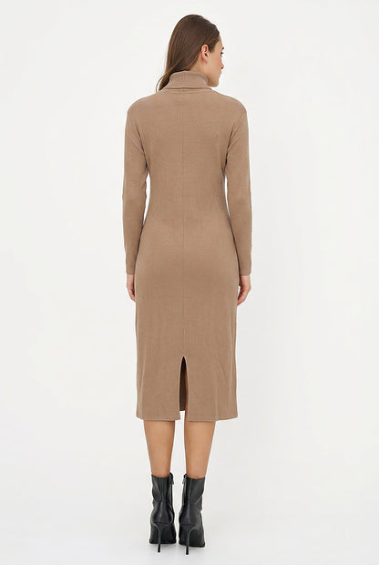 Women's Rib-Knit Turtleneck Dress, Long Sleeves & Back Slit