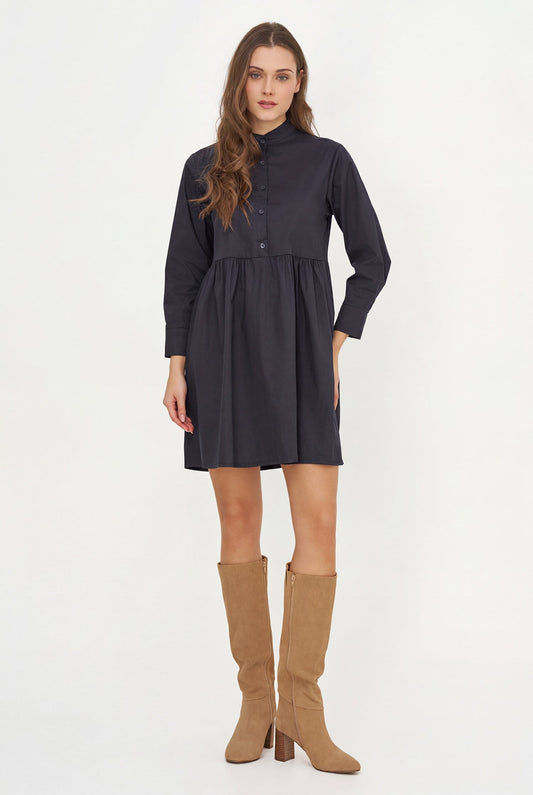 Women's Woven Long Sleeve Dress with a Partial Button-Down Front