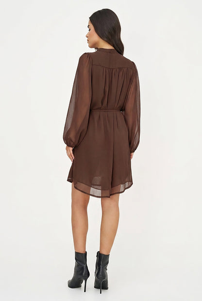 Women's Woven V-Neck Dress, Long Sleeves & Removable String Belt