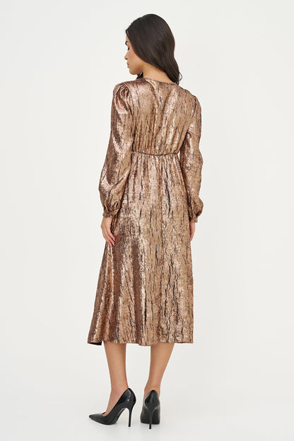 Women's Woven Fixed Crossover V-Neck Dress with Long Sleeves