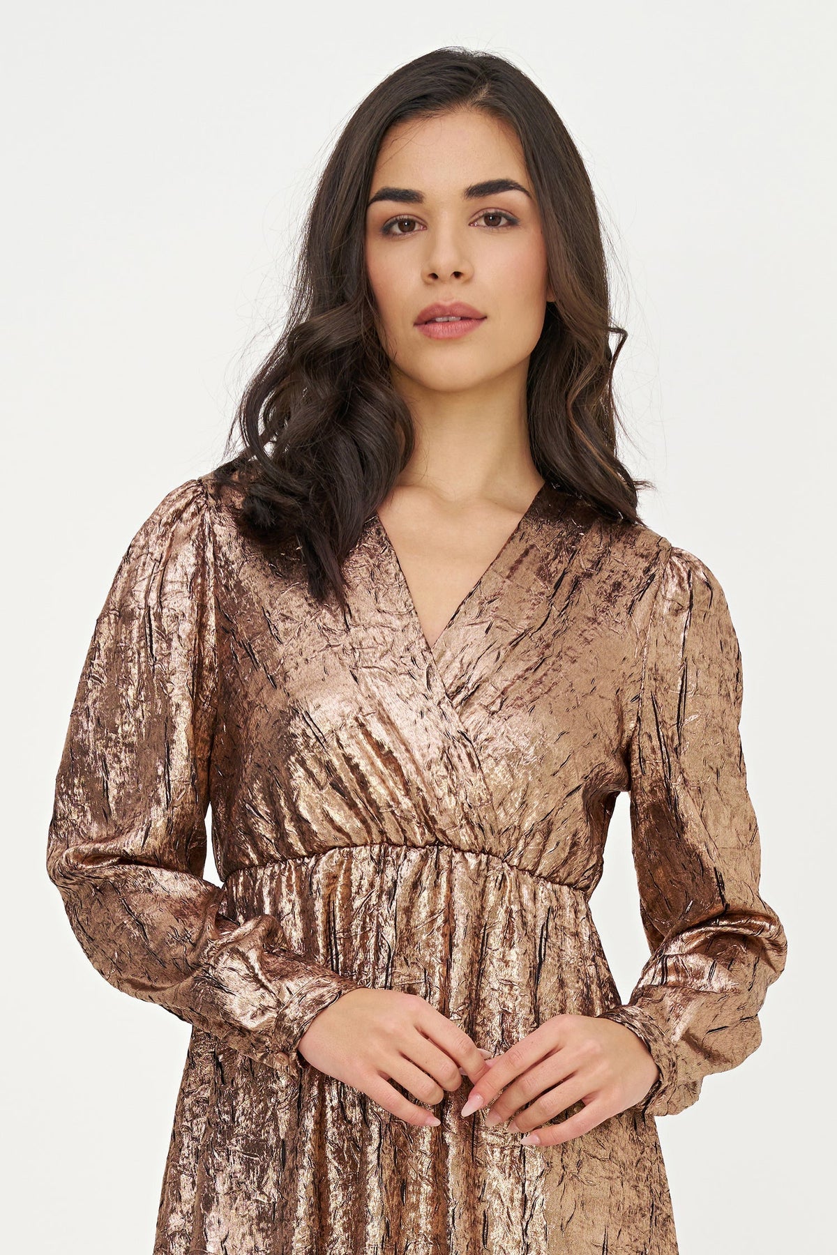 Women's Woven Fixed Crossover V-Neck Dress with Long Sleeves