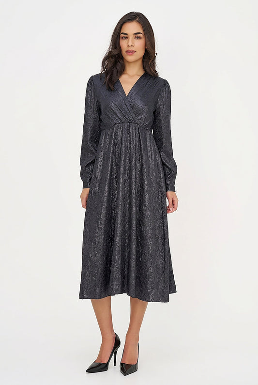 Women's Woven Fixed Crossover V-Neck Dress with Long Sleeves