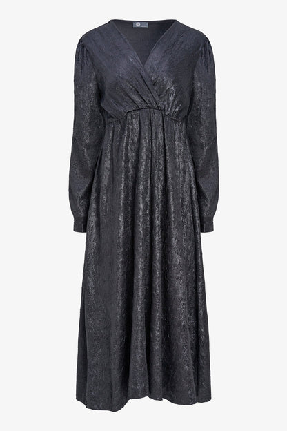 Women's Woven Fixed Crossover V-Neck Dress with Long Sleeves