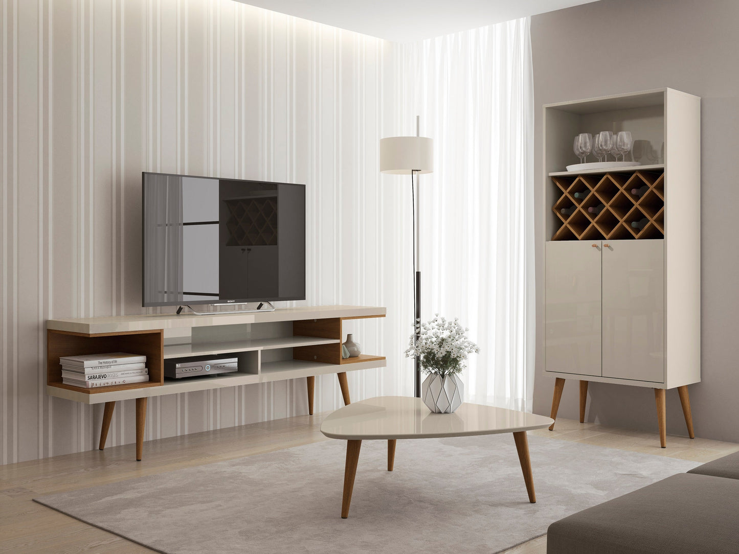 Eureka Modern 70.47" TV Stand with 4 Shelves - Off White Gloss/Maple Cream