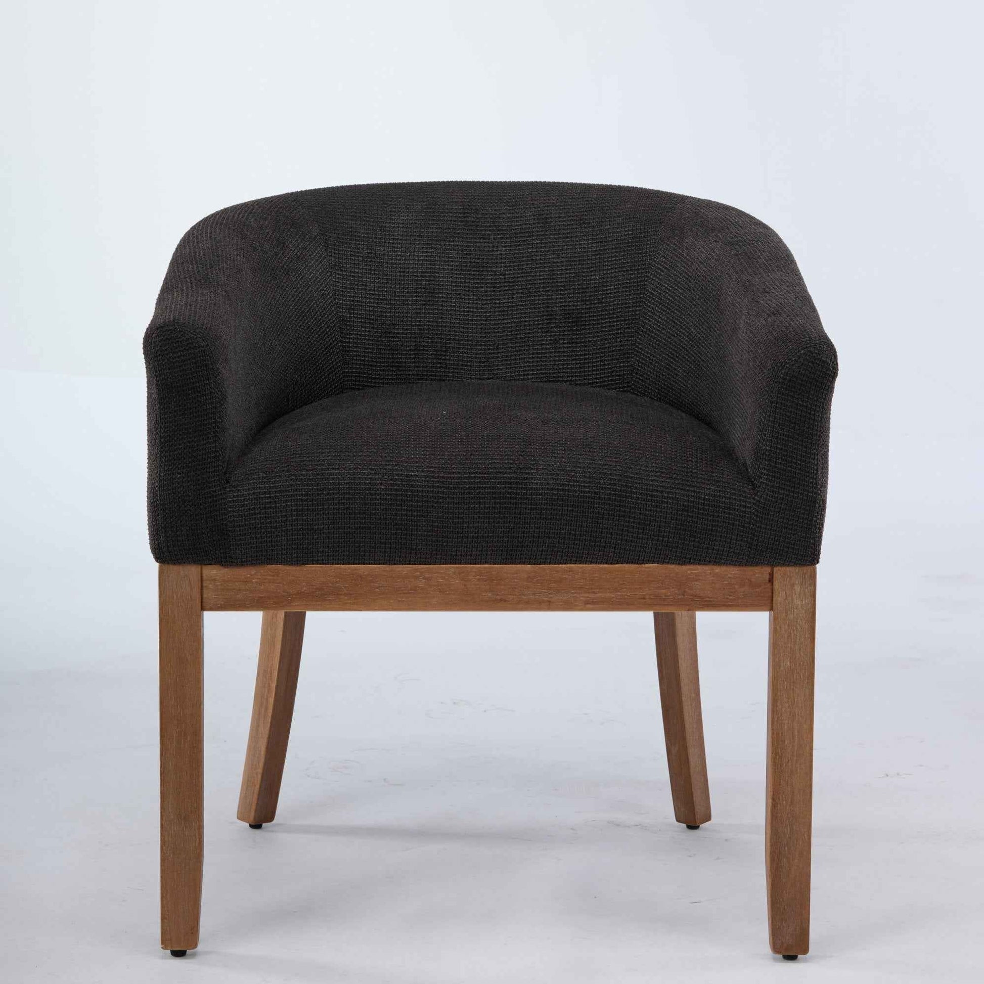 Mid-Century Modern Barrel Dining Chair with Arms – Black Upholstered Linen Accent Chair with Natural Rubberwood Frame (United States Delivery Only)